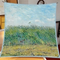Van Gogh Starry Night oil painting style silk scarf 90cm square wrap in blue and yellow - 90x90cm / Van Gogh - Wheat Field with a Lark