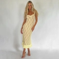 Schmales hellgelbes Spitzenkleid mit Schleife und elegantem Rüschensaum am Rock - S / Gelbe Spitze
