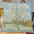 Artistic square scarf featuring Van Gogh Pear Tree Blossoms print in light blue and white - 90x90cm / Van Gogh - Pink Peach Tree