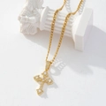 Gold-plated gothic cross pendant necklace with zircon and fleur-de-lis on a Roman pillar - Gold/Gothic Fleur-de-lis Pavé Cross/Cuban Chain/E1