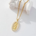 Gold plated cross necklace featuring a Virgin Mary oval pendant with zircon stones - Gold/Our Lady of Guadalupe Oval Pendant/I1
