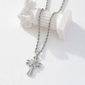 Silver layered cross pendant necklace with clear zircons and twist rope chain style - Silver/X-Wrapped Pavé Zirconia Cross/Rope Chain/G1