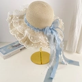 Beige straw sun hat with white lace trim and light blue chiffon ribbons and floral embroidery - D-599 Beige Lace Ribbon Straw Hat / M (56-58cm)