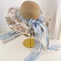 Women's straw sun hat with white lace trim and light blue satin ribbon bow - D-599 Khaki Lace Ribbon Straw Hat / M (56-58cm)