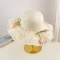 Cream straw hat with white lace brim and pink satin tulips on a golden display stand - D-595 Milky White [three Tulips] / M (56-58cm)