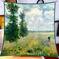 Van Gogh poppy field oil painting style 90cm square silk scarf with dark green border - 90x90cm / Monet - Poppy Field