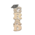 Ciondolo di laurea in acrilico con scritta GRAD leopardata e tocco da laureato nero - Stile Make it HAPPEN con fiore blu (OACR-R265-03C)