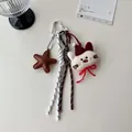 Brown leather star and plush cat charm keychain with silver heart-shaped clasp - Charm / Red Hat Cat