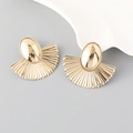 Retro golden fan-shaped cat eye earrings with vintage pleated metal texture design - Gold