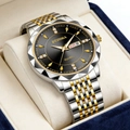 Men's two-tone stainless steel watch with black diamond dial and day-date display - Gold Band Black Dial
