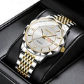 Montre business pour homme avec cadran argenté, accents dorés et double calendrier sur coussin - Bracelet en Acier Or Cadran Blanc