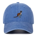 Close-up of brown kangaroo animal embroidery on vintage washed blue cotton baseball cap - Light Blue