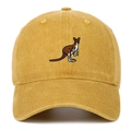Detailed view of mustard yellow washed cotton baseball cap with kangaroo embroidery - Yellow