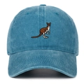 Close-up of embroidered kangaroo patch on vintage washed blue cotton baseball cap - Lake Blue