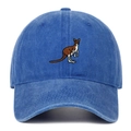 Close-up of detailed kangaroo embroidery on a blue vintage washed cotton baseball cap - Dark Blue