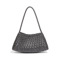 Dark grey hand-woven leather shoulder bag with classic intrecciato texture and sleek strap - Premium Grey