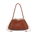 Brown hand-woven leather bucket bag with khaki drawstring insert and matching strap - Wood Brown