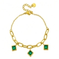 Gold paperclip bracelet with three green square cubic zirconia and adjustable chain - May