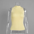 Detail of light yellow ribbed knit vest featuring a mock neck design and slim fit - S / Yellow