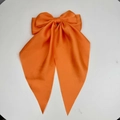 Elegant bright orange satin bow hair clip with long silk ribbon streamers for women - Bright Orange