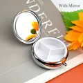 Silver metal pill box with 3-compartment divider and built-in mirror for daily use - Round 3 Compartments Mirror Polished