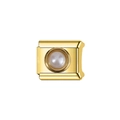 Detailed view of Italian charm link featuring a white pearl inlay on a gold-plated base - Decorative Charm Link (L37)