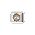 Detailed close-up of a stainless steel modular charm with a white pearl and gold rim - Decorative Charm Link (L38)