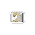 Macro detail of Italian modular charm with gold crescent moon and white enamel inlay - Decorative Charm Link (L41)