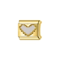 Macro detail of gold-coated Italian charm with a white heart inlay and scalloped edges - Decorative Charm Link (L45)