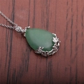 Green gemstone teardrop pendant necklace with ornate floral silver carving on wood - Green Aventurine Water Drop (NSN0030)
