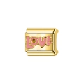 Detail of gold-plated link with pink enamel LOVE lettering for modular charm bracelets - Decorative Charm Link (L47)