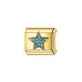 Macro view of gold Italian charm link featuring a pavé-set blue crystal star detail - Decorative Charm Link (L48)