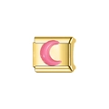 Detail view of Italian charm link featuring pink enamel crescent moon on gold stainless steel - Decorative Charm Link (L49)