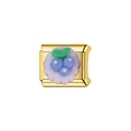 Macro view of gold stainless steel modular charm with 3D blueberry and purple flower - Decorative Charm Link (L52)