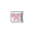 Close-up of a silver stainless steel link with pink enamel bow and white pearl detail - Decorative Charm Link (L55)