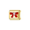 Close-up of golden Italian modular link with red bow and pearl detail for DIY bracelet - Decorative Charm Link (L56)