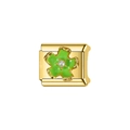 Italian modular charm in gold steel with green enamel flower and center pearl - Decorative Charm Link (L59)