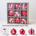 Set de 9 bolas de Navidad 8cm rojo y blanco con muñeco de nieve, árbol, lunares y rayas - 8cm / Estilo Bola Muñeco de Nieve 8cm
