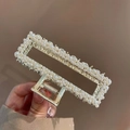 Elegant gold rectangular hair claw clip with pavé white faux pearls for women - Matte Pearl Linear