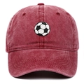 Detail of embroidered soccer ball design on washed red cotton canvas baseball cap - Adjustable / Burgundy