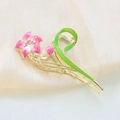 Elegant gold metal flower hair claw with pink petals, white pearls and green leaf detail - Yellow Gardenia