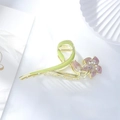 Golden flower hair claw with green enamel ribbon and purple gradient petal details - Purple Gardenia