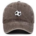 Close-up of the vintage coffee cotton baseball cap with detailed soccer embroidery - Adjustable / Coffee