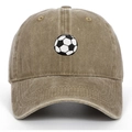 Detailed view of the fine black and white football embroidery on the brown washed cotton cap - Adjustable / Khaki