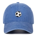 Detail of embroidered soccer pattern on blue washed cotton baseball sport cap - Adjustable / Light Blue