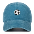 Detailed close-up of soccer ball embroidery on washed blue cotton baseball cap - Adjustable / Lake Blue