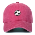 Close-up of fine embroidery detail showing a black and white soccer ball on a cotton cap - Adjustable / Rose Red