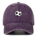Detailed close-up of purple washed cotton baseball cap with premium football embroidery - Adjustable / Purple
