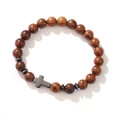 Bohemian beaded bracelet with dark wood grain beads and a polished black cross charm - Wooden Beads Cross (QNW2920)