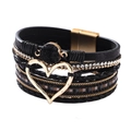 Bohemian multi-layer black leather bracelet with gold heart charm and magnetic clasp - Bohemian Black Heart Rhinestone